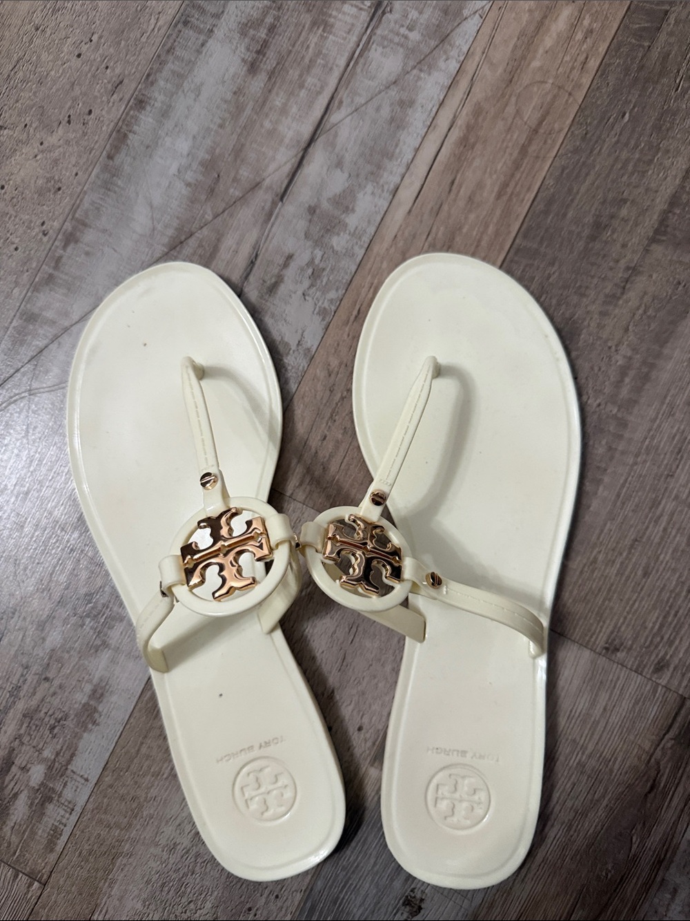 Tory Burch Ivory Jelly Logo Thong Sandals with Gold Emblem